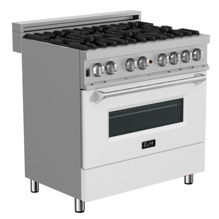 ZLINE Appliance Package - 36" Dual Fuel Range in DuraSnow® with White Matte Door & 36" Range Hood Package - 2KP-RASWMRH36