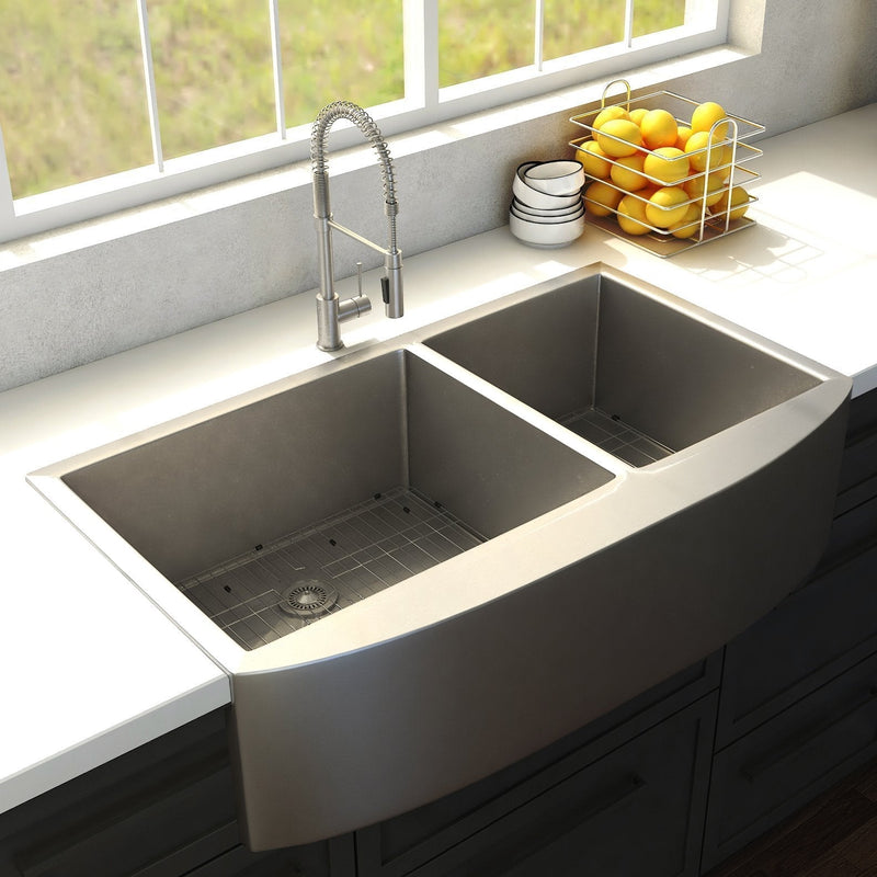 ZLINE 36" Niseko Farmhouse Apron Mount Double Bowl Kitchen Sink with Bottom Grid 
