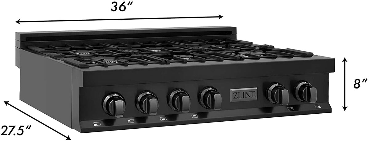 ZLINE 36" Professional Black Stainless Gas Rangetop with 6 Gas Burners - RTB-36