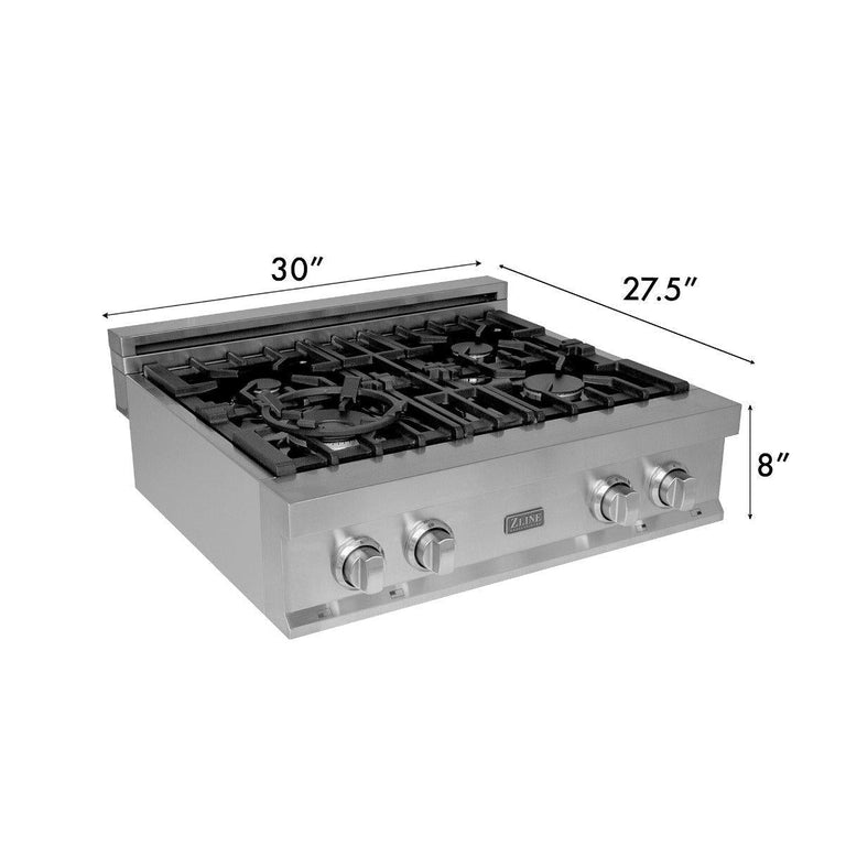 ZLINE 4-Piece Appliance Package - 30 In. Rangetop, Range Hood, Refrigerator, and Double Wall Oven in Stainless Steel - 4KPR-RTRH30-AWS
