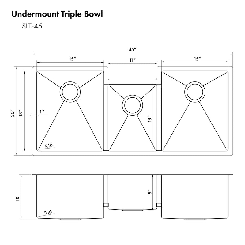 ZLINE 45" Breckenridge Undermount Triple Bowl Kitchen Sink with Bottom Grid and Accessories