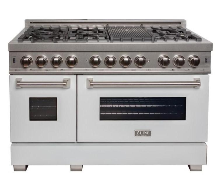 ZLINE Appliance Package - 48" Dual Fuel Range with White Matte Gloss Door & 48" Range Hood - 2KP-RASWMRH48