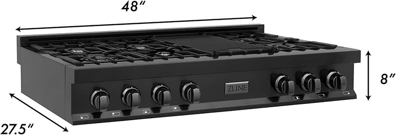 ZLINE 48” Professional Porcelain Rangetop in Black Stainless with 7 Gas Burners
