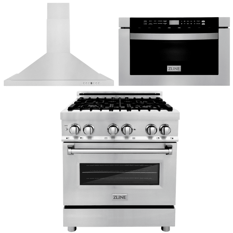 ZLINE Appliance Package - 30 in. Dual Fuel Range, 30 in. Range Hood, Microwave Drawer