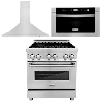 ZLINE Appliance Package - 30 in. Dual Fuel Range, 30 in. Range Hood, Microwave Drawer
