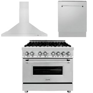 ZLINE Appliance Package - 36 in. Dual Fuel Range, Range Hood, 3 Rack Dishwasher