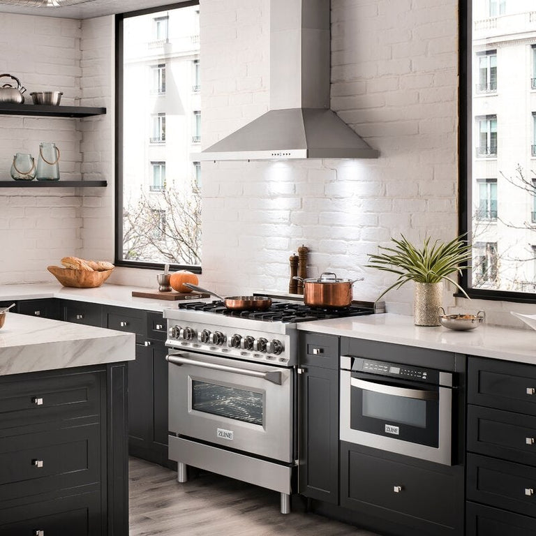 ZLINE Appliance Package - 36 in. Dual Fuel Range, Range Hood, 3 Rack Dishwasher, Refrigerator - 4KPR-RARH36-DWV