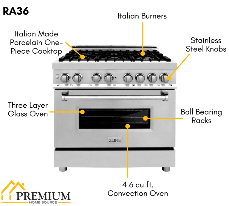 ZLINE Appliance Package - 36 in. Dual Fuel Range, Range Hood, 3 Rack Dishwasher, Refrigerator - 4KPR-RARH36-DWV