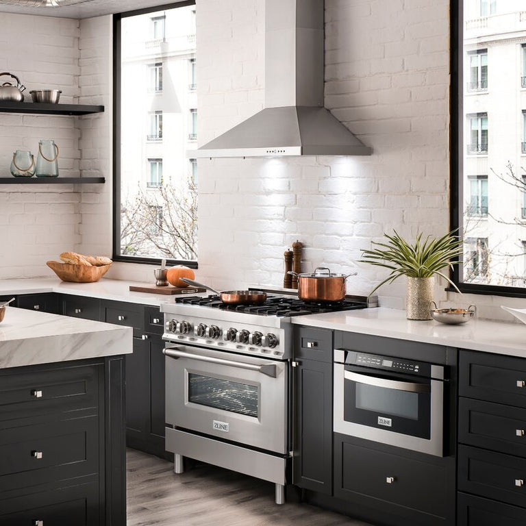 ZLINE Appliance Package - 36 in. Dual Fuel Range, Range Hood, Microwave Drawer, 3 Rack Dishwasher - 4KP-RARH36-MWDWV