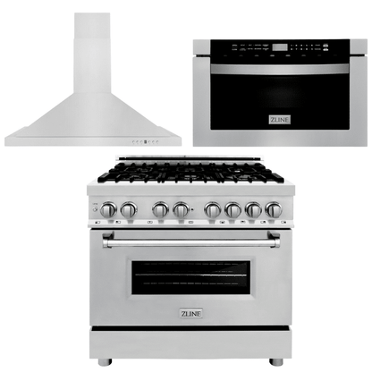 ZLINE Appliance Package - 36 in. Dual Fuel Range, Range Hood, Microwave Drawer 
