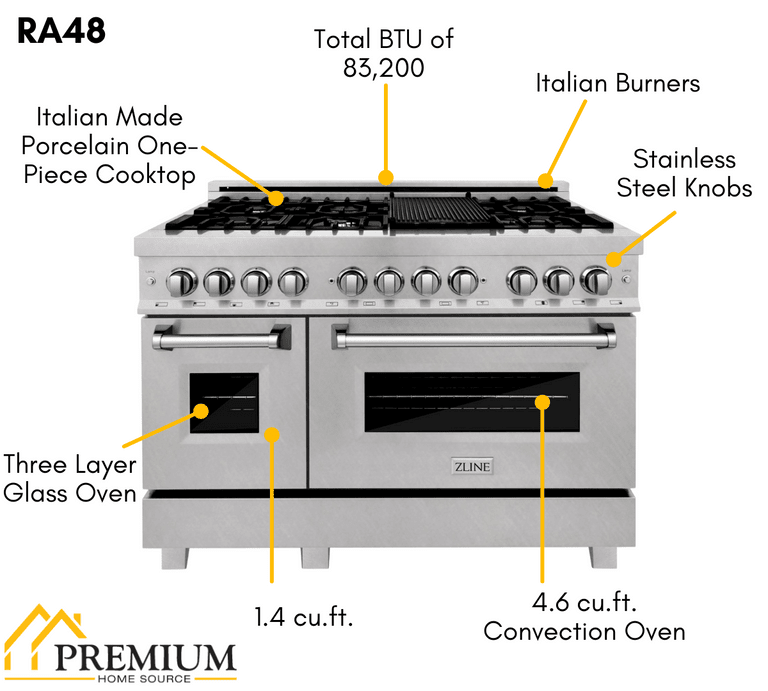 ZLINE Appliance Package - 48 in. Dual Fuel Range, Range Hood, 3 Rack Dishwasher, Refrigerator - 4KPR-RARH48-DWV