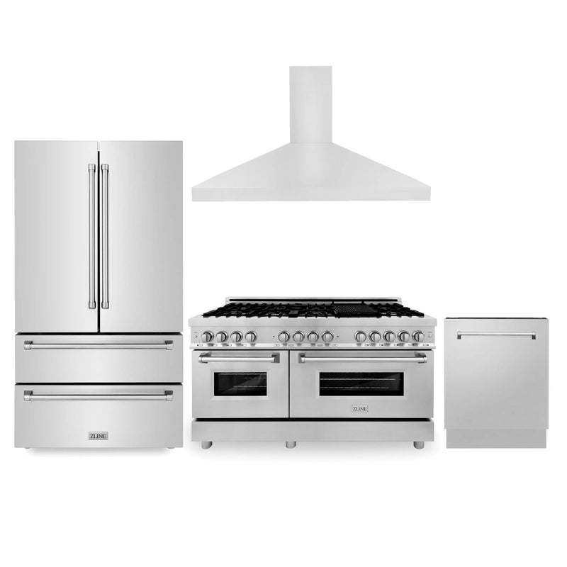 ZLINE Appliance Package -Kitchen Package with Refrigeration, 48" Stainless Steel Dual Fuel Range, 48" Convertible Vent Range Hood and 24" Tall Tub Dishwasher 