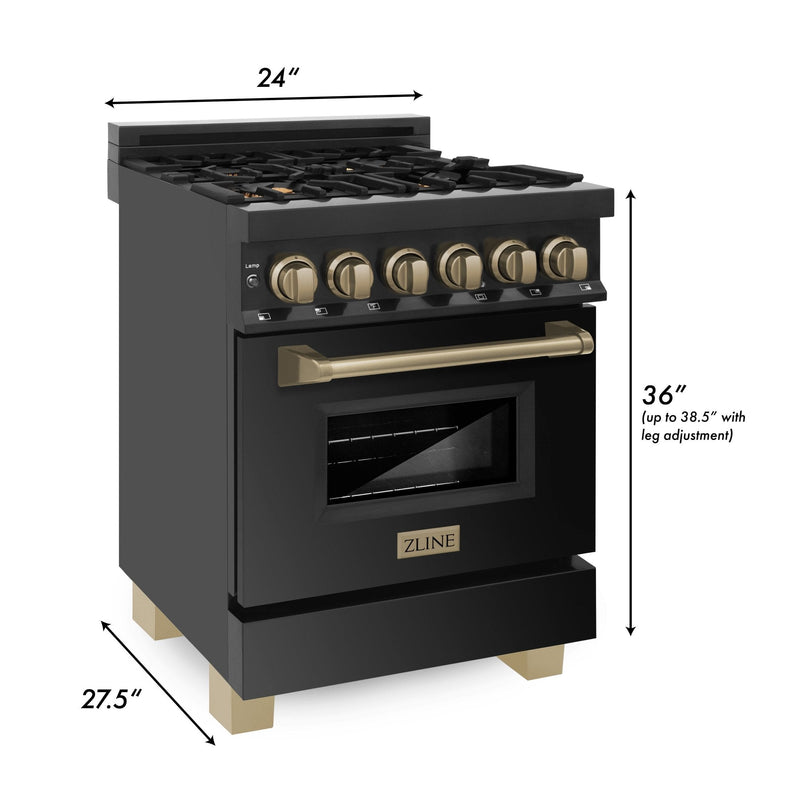 ZLINE Autograph Edition 24" 2.8 cu. ft. Dual Fuel Range with Gas Stove and Electric Oven in Black Stainless Steel with Accents