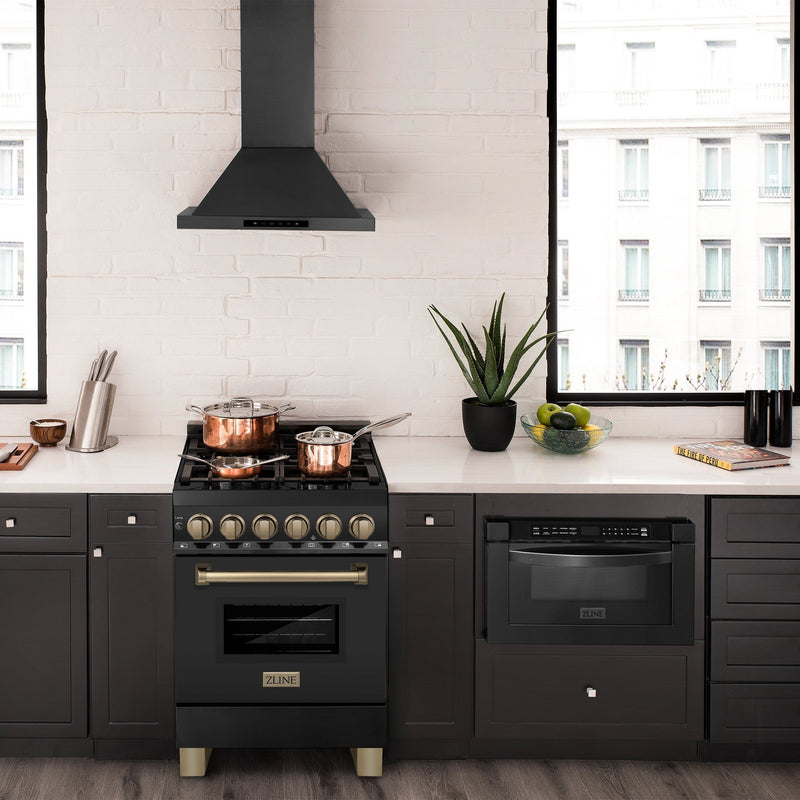 ZLINE Autograph Edition 24" 2.8 cu. ft. Dual Fuel Range with Gas Stove and Electric Oven in Black Stainless Steel with Accents