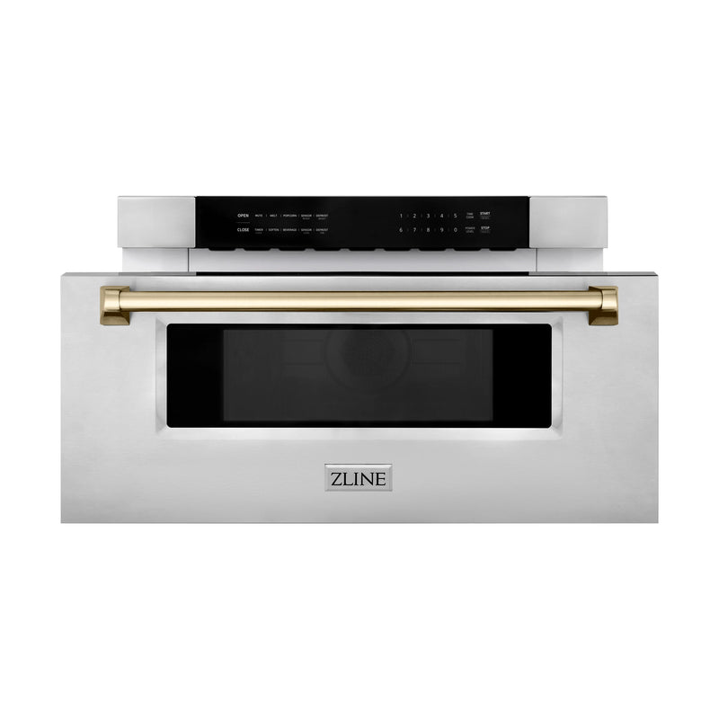 ZLINE Autograph Edition 30" 1.2 cu. ft. Built-In Microwave Drawer in Stainless Steel with Polished Gold Accents 