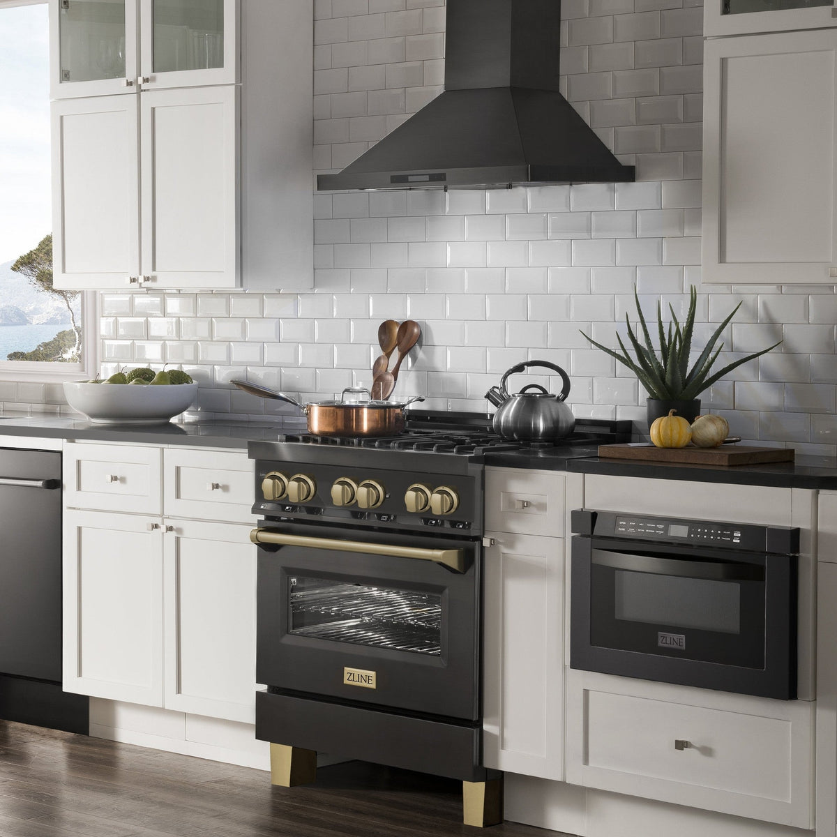 ZLINE Autograph Edition 30" 4.0 cu. ft. Dual Fuel Range with Gas Stove and Electric Oven in Black Stainless Steel with Accents