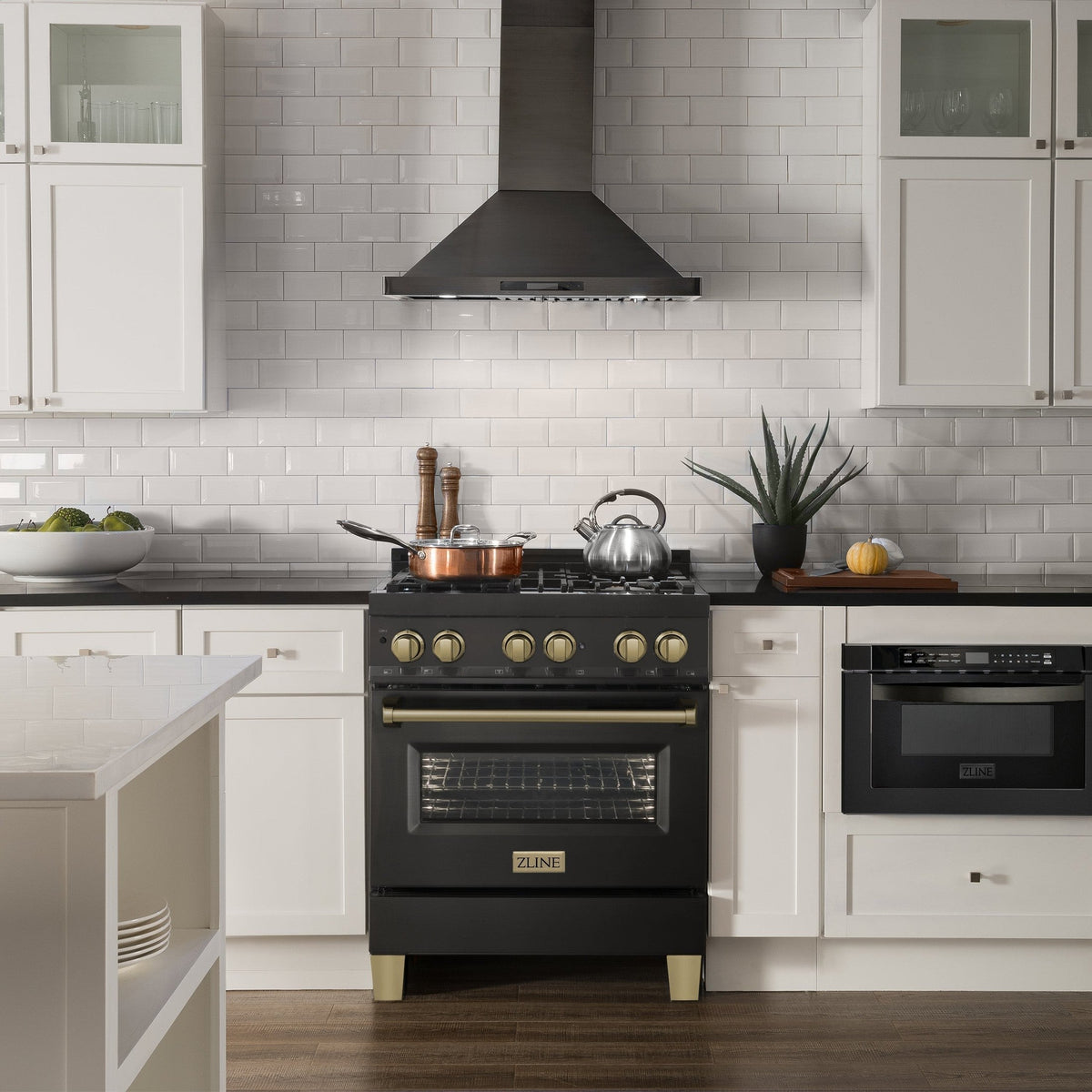 ZLINE Autograph Edition 30" 4.0 cu. ft. Dual Fuel Range with Gas Stove and Electric Oven in Black Stainless Steel with Accents
