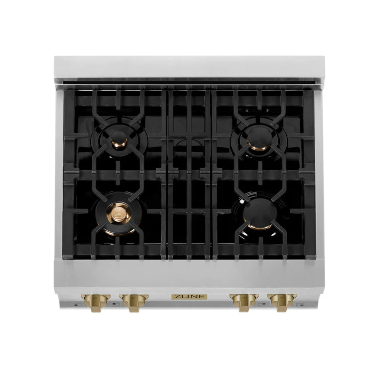 ZLINE Autograph Edition 30 in. Porcelain Rangetop with 4 Gas Burners in Stainless Steel and Champagne Bronze Accents, RTZ-30-CB