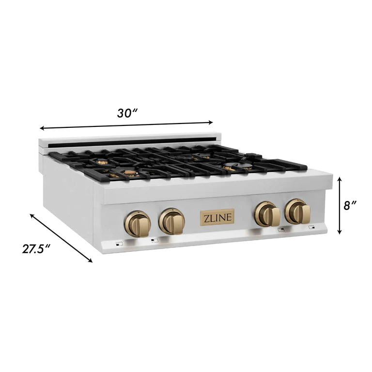 ZLINE Autograph Edition 30 in. Porcelain Rangetop with 4 Gas Burners in Stainless Steel and Champagne Bronze Accents, RTZ-30-CB