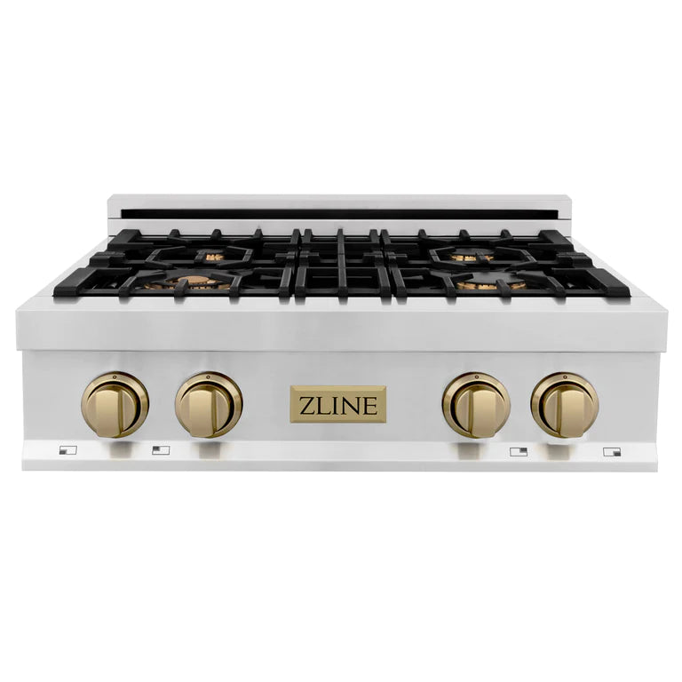 ZLINE Autograph Edition 30 in. Porcelain Rangetop with 4 Gas Burners in Stainless Steel and Champagne Bronze Accents, RTZ-30-CB
