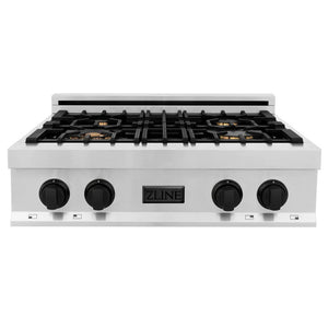 ZLINE Autograph Edition 30 in. Porcelain Rangetop with 4 Gas Burners in Stainless Steel and Matte Black Accents, RTZ-30-MB