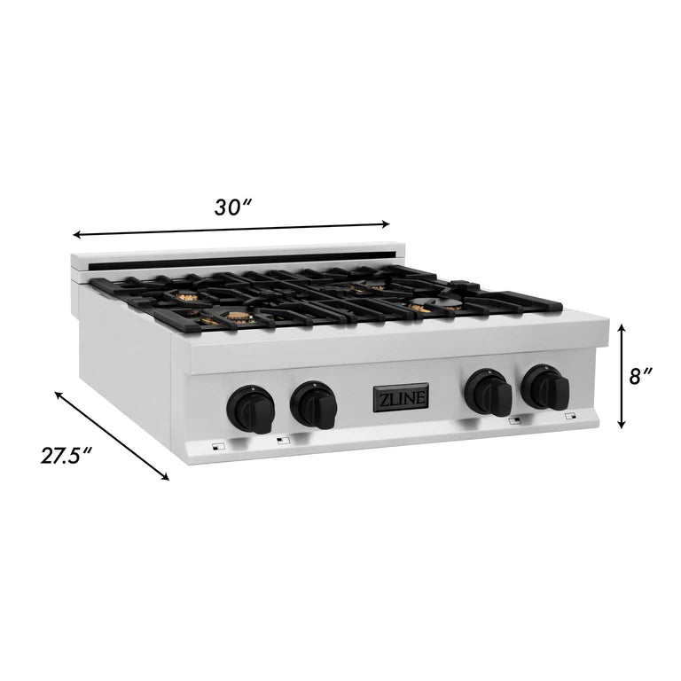 ZLINE Autograph Edition 30 in. Porcelain Rangetop with 4 Gas Burners in Stainless Steel and Matte Black Accents, RTZ-30-MB