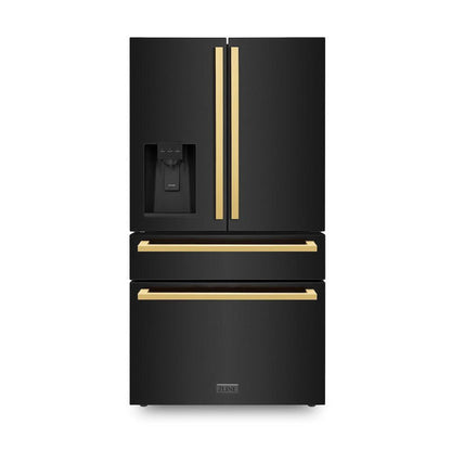 ZLINE Autograph Edition 36-Inch 21.6 cu. ft 4-Door French Door Refrigerator with Water and Ice Dispenser in Black Stainless Steel with Polished Gold Square Handles RFMZ-W-36-BS-FG