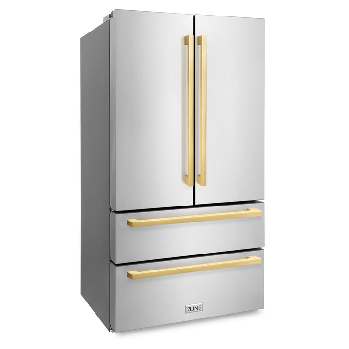 ZLINE Autograph Edition 36-Inch 22.5 cu. ft 4-Door French Door Refrigerator with Ice Maker in Stainless Steel with Polished Gold Square Handles RFMZ-36-FG