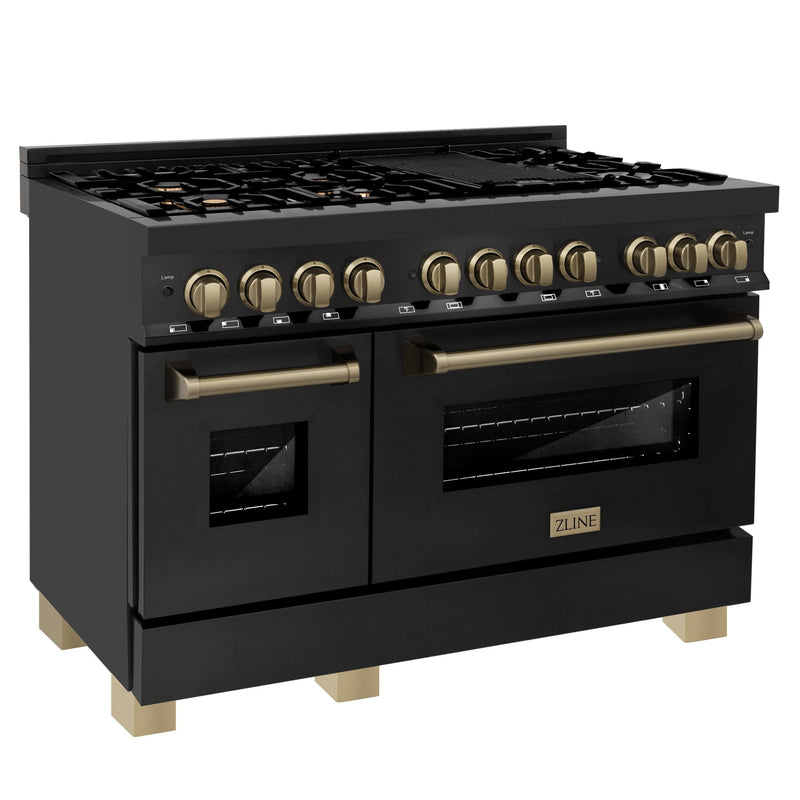 ZLINE Autograph Edition 48" 6.0 cu. ft. Dual Fuel Range with Gas Stove and Electric Oven in Black Stainless Steel with Accents