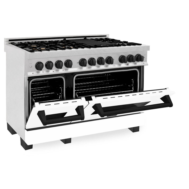 ZLINE Autograph Edition 48" 6.0 cu. ft. Dual Fuel Range with Gas Stove and Electric Oven in DuraSnow Stainless Steel with White Matte Door with Accents