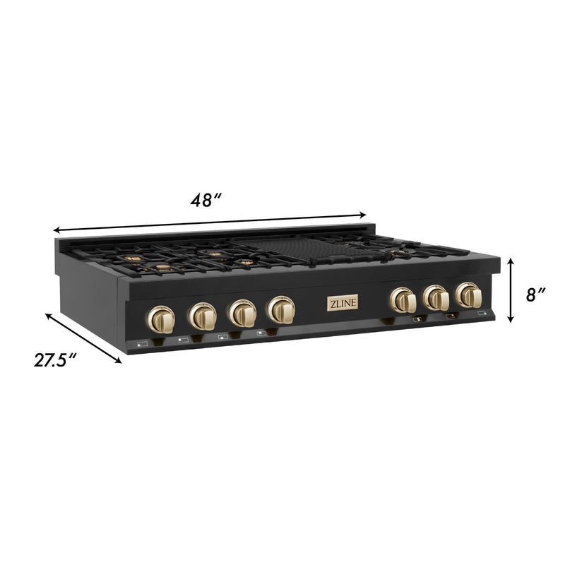ZLINE Autograph Edition 48" Porcelain Rangetop with 7 Gas Burners in Black Stainless Steel With Accents