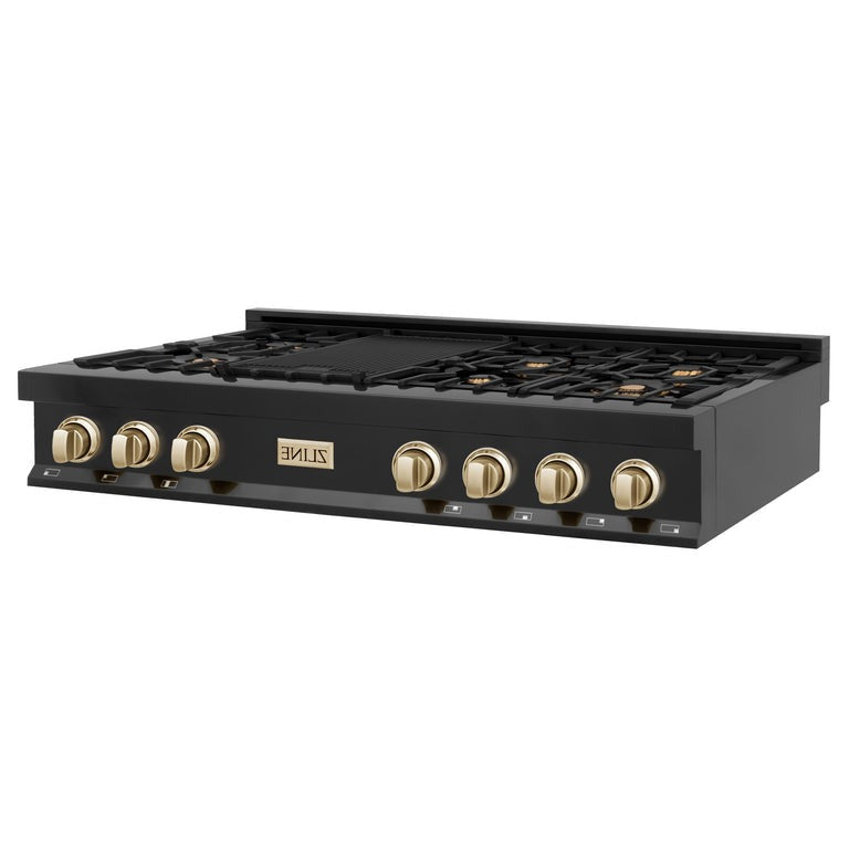 ZLINE Autograph Edition 48" Porcelain Rangetop with 7 Gas Burners in Black Stainless Steel With Accents - RTBZ-48