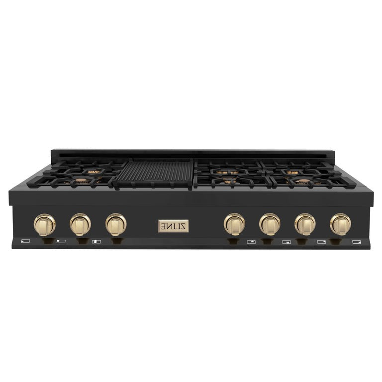 ZLINE Autograph Edition 48" Porcelain Rangetop with 7 Gas Burners in Black Stainless Steel With Accents - RTBZ-48