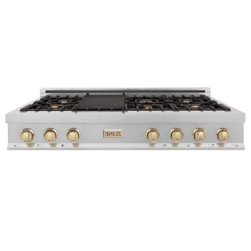 ZLINE Autograph Edition 48" Porcelain Rangetop with 7 Gas Burners in Dura Snow Stainless Steel With Accents