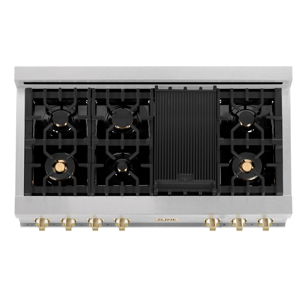 ZLINE Autograph Edition 48" Porcelain Rangetop with 7 Gas Burners in Dura Snow Stainless Steel With Accents