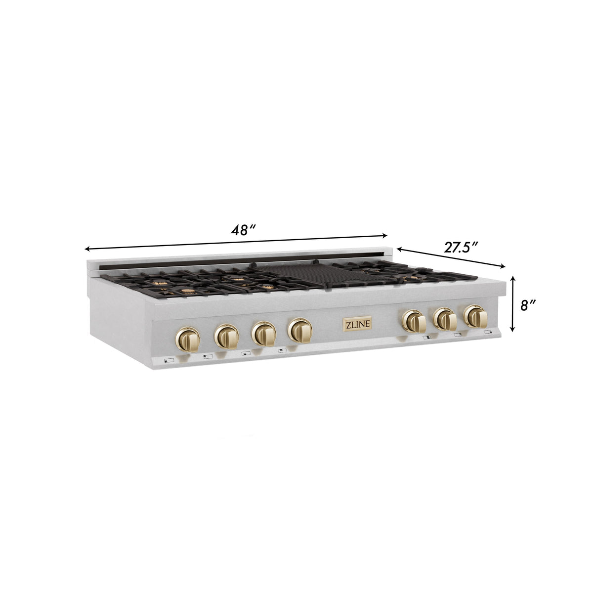 ZLINE Autograph Edition 48" Porcelain Rangetop with 7 Gas Burners in Dura Snow Stainless Steel With Accents