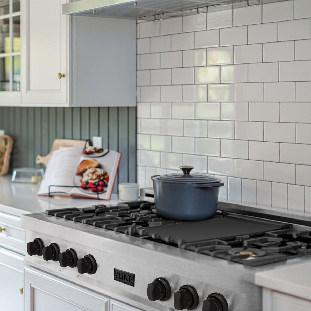 ZLINE Autograph Edition 48" Porcelain Rangetop with 7 Gas Burners in Dura Snow Stainless Steel With Accents