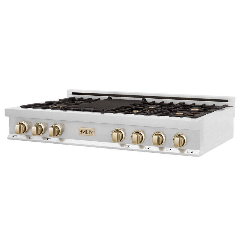 ZLINE Autograph Edition 48" Porcelain Rangetop with 7 Gas Burners in Stainless Steel With Accents