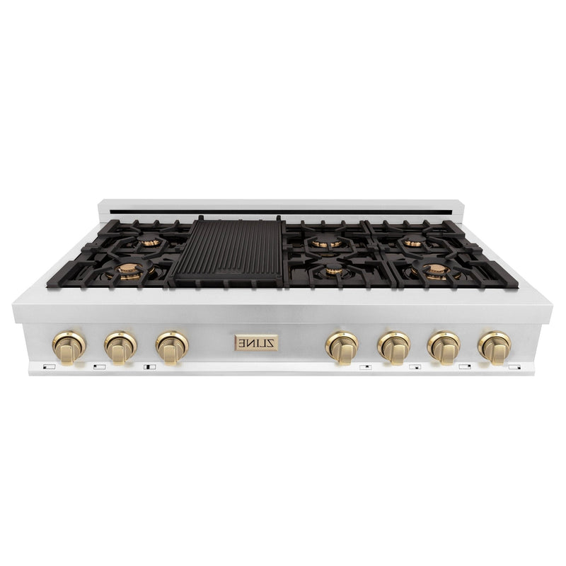 ZLINE Autograph Edition 48" Porcelain Rangetop with 7 Gas Burners in Stainless Steel With Accents