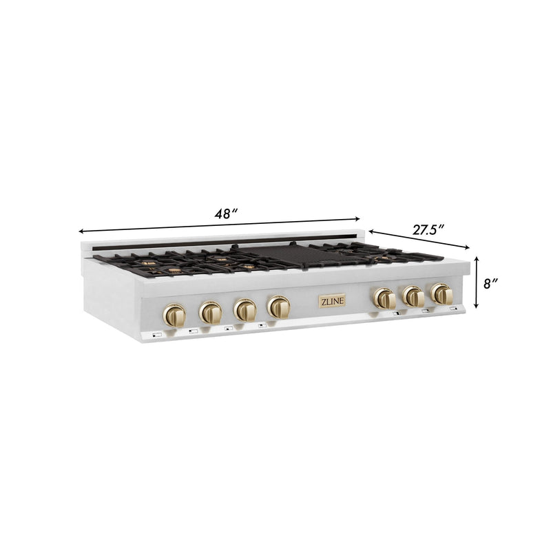 ZLINE Autograph Edition 48" Porcelain Rangetop with 7 Gas Burners in Stainless Steel With Accents