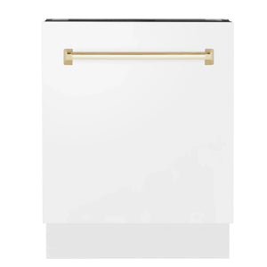 ZLINE Autograph Series 24 inch Tall Dishwasher in White Matte with Champagne Bronze Handle