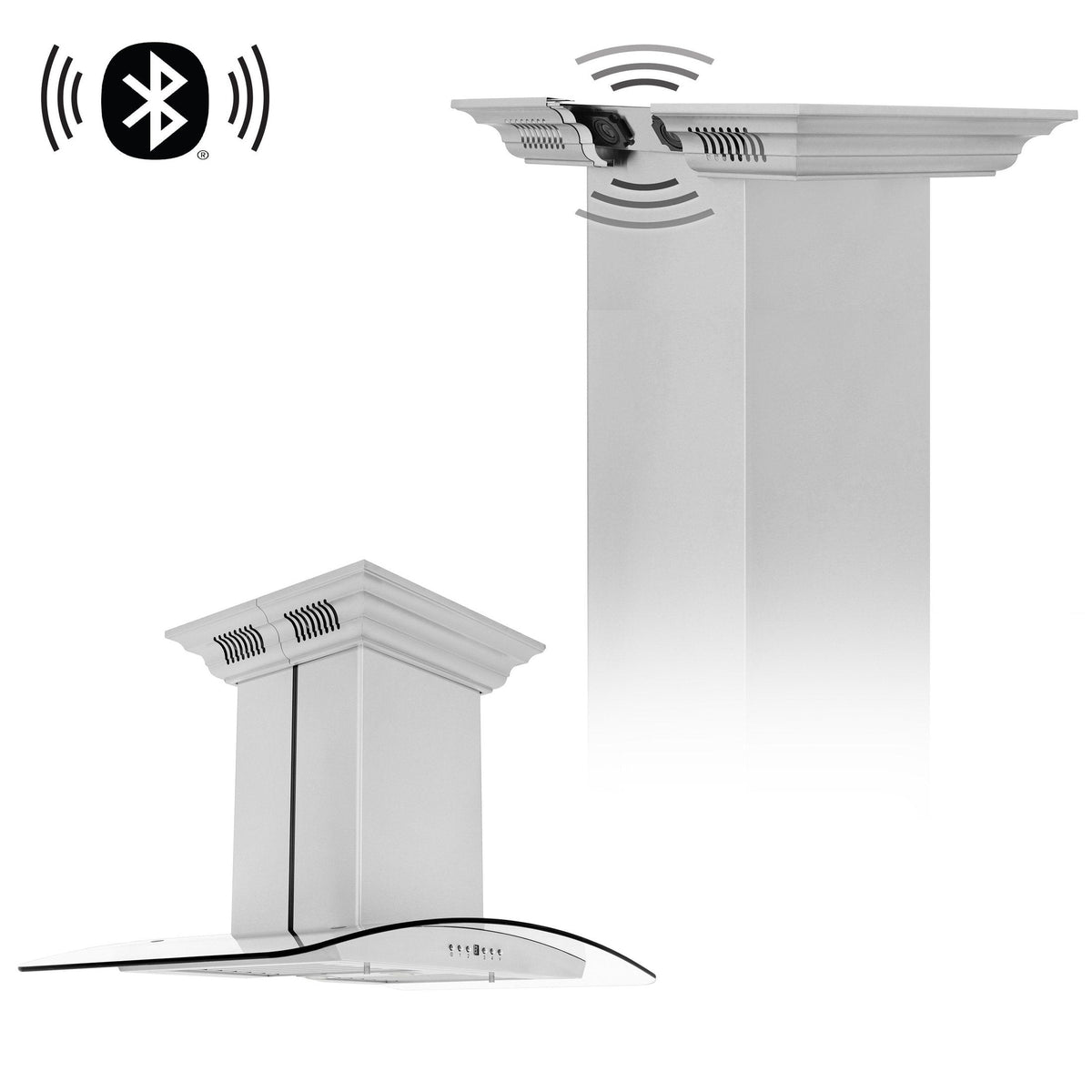 Products ZLINE Island Mount Range Hood in Stainless Steel with Built-in CrownSound‚ Bluetooth Speakers