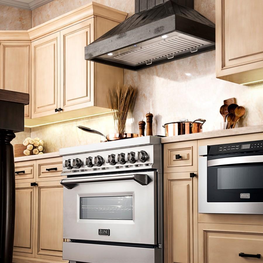 ZLINE Wooden Wall Mount Range Hood in Rustic Dark Finish - Includes Motor