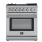 Forno 5-Piece Appliance Package - 30-Inch Dual Fuel Range with Air Fryer, Refrigerator with Water Dispenser, Wall Mount Hood, Microwave Oven, & 3-Rack Dishwasher in Stainless Steel