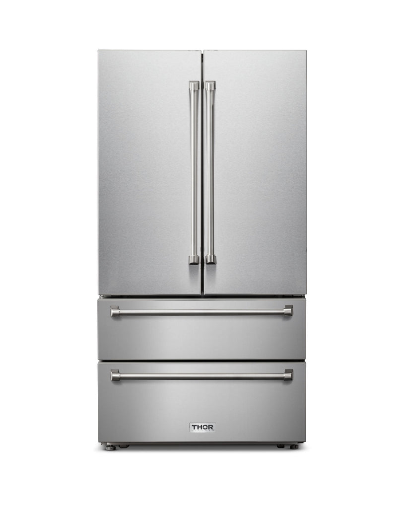 Thor Kitchen 6-Piece Appliance Package - 30-Inch Electric Range, French Door Refrigerator, Pro-Style Wall Mount Hood, Dishwasher, Microwave Drawer, & Wine Cooler in Stainless Steel