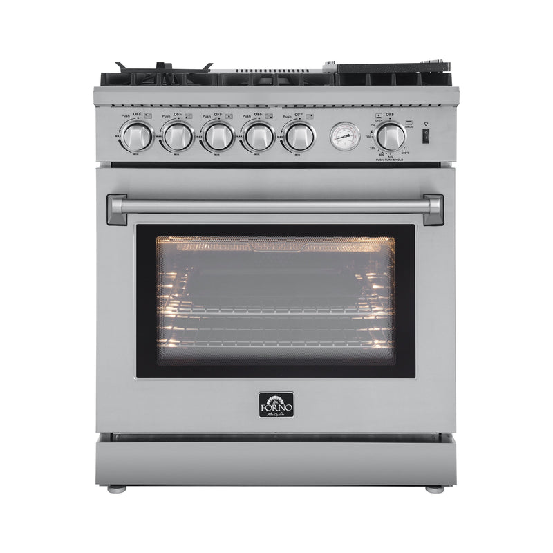 Forno 4-Piece Appliance Package - 30-Inch Gas Range with Air Fryer, Refrigerator, Microwave Drawer, & 3-Rack Dishwasher in Stainless Steel