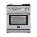 Forno 5-Piece Appliance Package - 30-Inch Gas Range with Air Fryer, Refrigerator, Wall Mount Hood, Microwave Oven, & 3-Rack Dishwasher in Stainless Steel