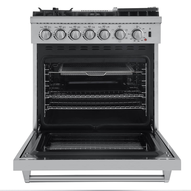 Forno 4-Piece Appliance Package - 30-Inch Dual Fuel Range with Air Fryer, Refrigerator, Wall Mount Hood with Backsplash, & 3-Rack Dishwasher in Stainless Steel