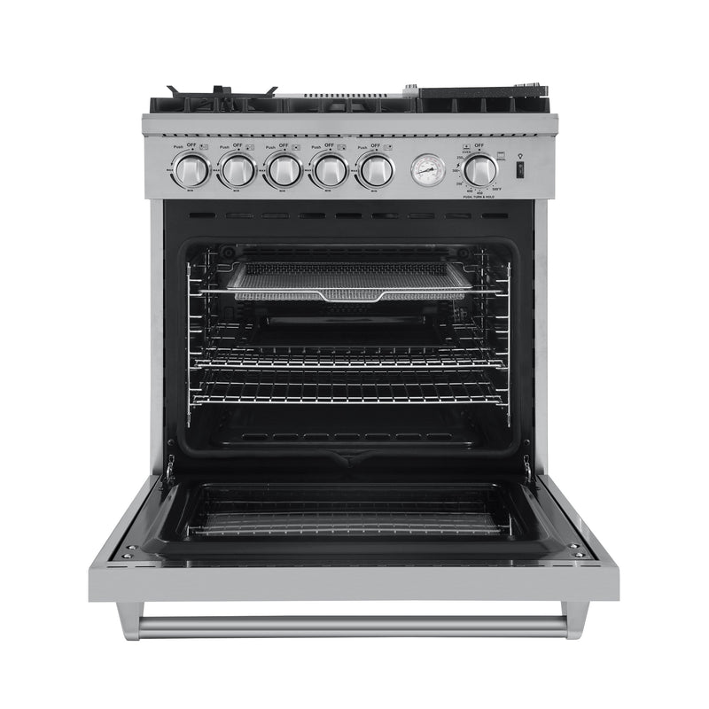 Forno 5-Piece Appliance Package - 30-Inch Gas Range with Air Fryer, Refrigerator, Wall Mount Hood with Backsplash, Microwave Oven, & 3-Rack Dishwasher in Stainless Steel