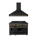 ZLINE 48 in. Autograph Edition Kitchen Package with Black Stainless Steel Dual Fuel Range and Range Hood with Champagne Bronze Accents (2AKP-RABRH48-CB) - MyBBQDirect